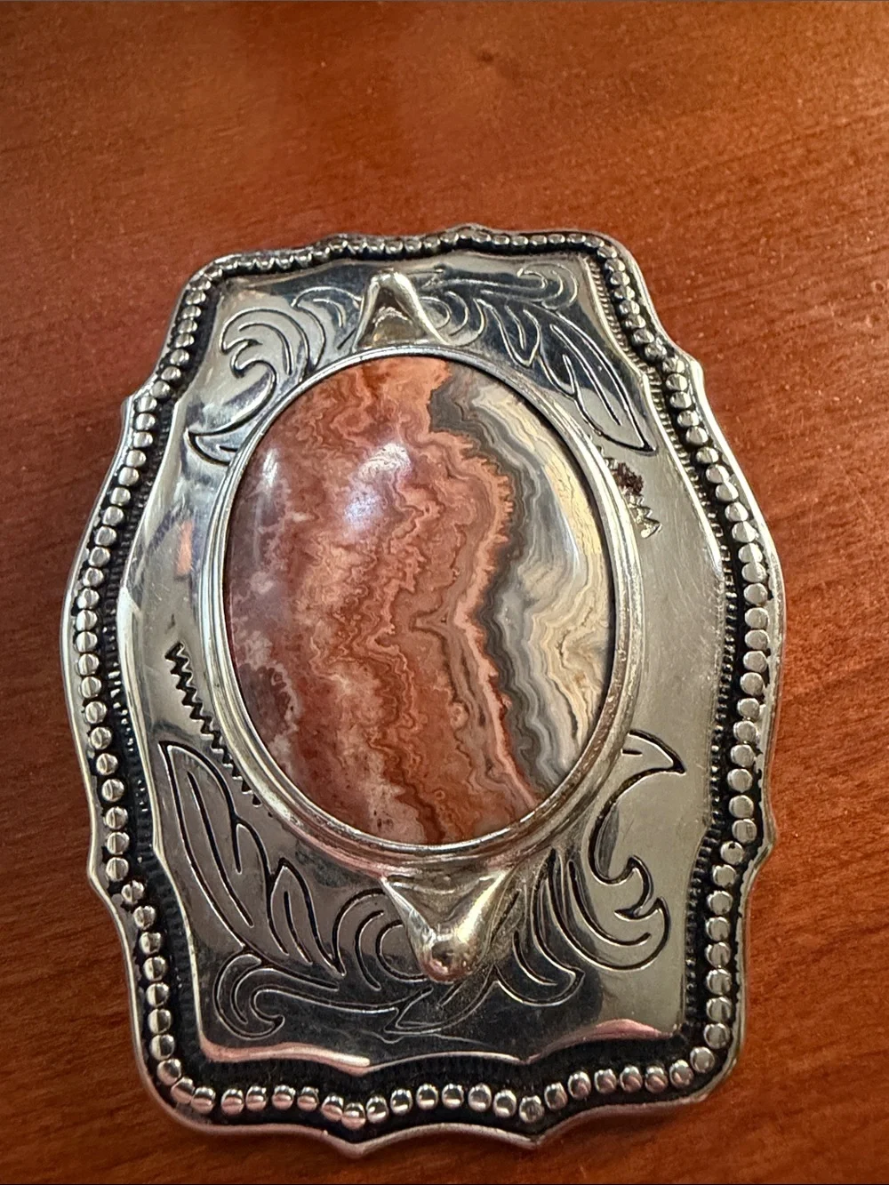 Silver-Tone Decorative Stone Accent belt buckle  in orange  and Gray agate